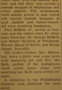 Part 3 Marriage Notice for Robert Blair McBETH to Eva Virginia Mecluskey, no date, in 7-12-1946 paper
