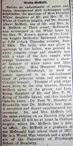 Marriage Notice for George Albert McBETH to Dorothy White, 5 Jun 1924