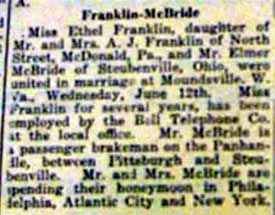 Marriage Notice for Elmer McBRIDE to Ethel Franklin, 12 Jun 1918