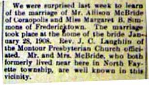 Marriage Notice for Allison McBRIDE to Margaret B. Simmone, 28 Jan 1908