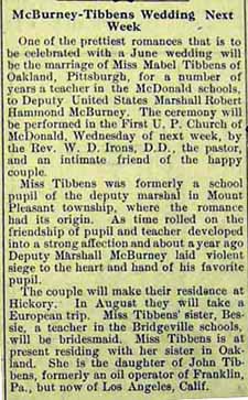 Wedding coming for Robert Hammond McBURNEY to Mabel A. TIBBENS, 19 Jun 1912