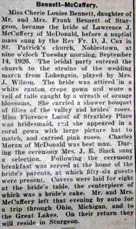 Marriage Notice for Lawrence J. McCAFFERY to Cherie Louise Bennett, 14 Sep 1926