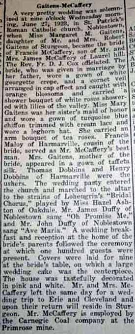 Marriage Notice for Francis McCAFFERY to Margaret M. Gaitens, 27 Jun 1923