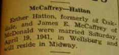 Marriage notice for James E. McCAFFREY to Ester Hatton, 19 Apr 1941