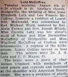 Part 1 Marriage Notice for Leo Francis McCAFFREY to Alma Elizabeth Lutz, 4 Aug 1925