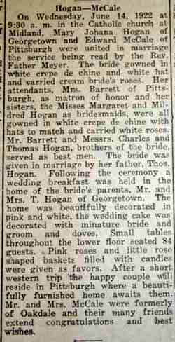 Marriage notice for Edward McCALE to Mary Johana Hogan, 14 Jun 1922