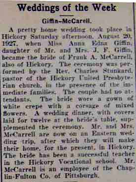 Article 2 Marriage Notice for Frank A. McCARRELL to Anna Edna Giffin, 20 Aug 1927