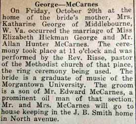 Marriage Notice for Allan Hunter McCARNES to Elizabeth Hickman George, 20 Oct 1922