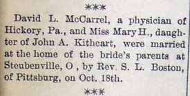 Marriage Notice for David L. McCARREL to Mary H. Kithcart, 18 Oct 1905