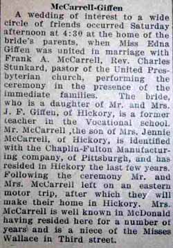 Article 1 Marriage Notice for Frank A. McCARRELL to Anna Edna Giffin, 20 Aug 1927