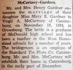Marriage Notice for Virgil A. McCARTNEY to Mary E. Gardner, 10 Nov 1934