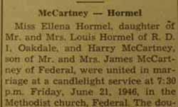 Part 1 Marriage Notice for Harry McCARTNEY to Eilena Hormel, 21 Jun 1946