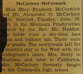 Marriage Notice for Alexander O. McCARTNEY to Mary Elizabeth McCormick, 25 Jun 1940