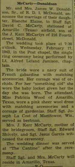 Marriage Notice for David C. McCARTY to Blance Elaine Donaldson, 17 Feb 1943