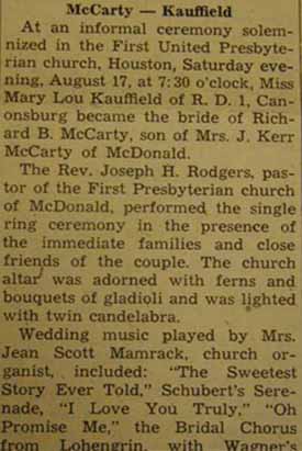 Part 1 Marriage Notice for Richard B. McCARTY to Mary Lou Kauffield, 17 Aug 1946