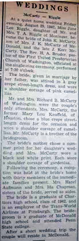 Marriage Notice for John K. McCARTY to Jane Lee Riggle, 29 Aug 1947