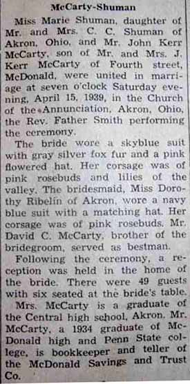 Marriage Notice for John Kerr McCARTY to Marie Shuman, 15 Apr 1939
