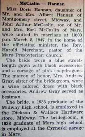 Marriage Notice for John Arthur McCASLIN to Doris Hannan, 8 Mar 1947