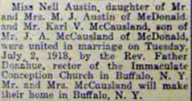 Marriage Notice for Karl V. McCAUSLAND to Nell Austin, 2 Jul 1918
