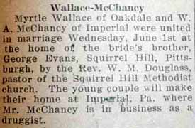 Marriage Notice for W. A. McCHANCY to Myrtle Wallace, 1 Jun 1927