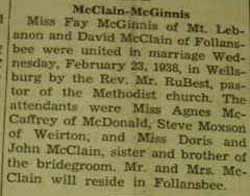 Marriage notice for 
        David McCLAIN to Fay McGinnis, 23 Feb 1938