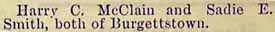 Marriage Notice for Harry C. McCLAIN to Sadie E. Smith, no date in 3-28-1896 paper