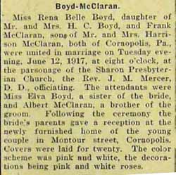 Marriage Notice for Frank McCLARAN to Rena Belle Boyd, 12 Jun 1917