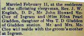 Article 1 Marriage Notice for John Howard (or John) McCLOY to Edna Pearl Gladden, 11 Feb 1909