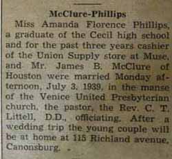 James B. McCLURE to Amanda Florence Phillips, 3 Jul 1939