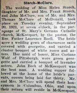 Marriage Notice for John McCLURE to Helen Storch, 20 Sep 1921