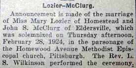 Marriage Notice for John S. McCLURG to Mary Lozier, 28 Feb 1924