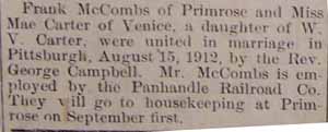 Marriage Notice for Frank McCOMBS to Mae Carter, 15 Aug 1912