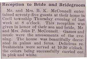 Wedding Reception for John Phillips McCONNELL to Anna Peacock, 10 Sep 1914