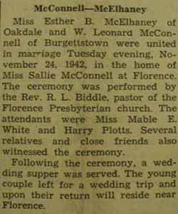 Marriage Notice for W. Leonard McCONNELL to Esther B. McElhaney, 24 Nov 1942