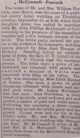 Marriage Notice for John Phillips McCONNELL to Anna Peacock, 10 Sep 1914