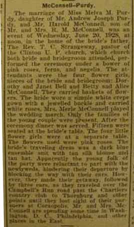 Marriage notice for 
        Harold McCONNELL to Melva M. Purdy, 20 Jun 1928