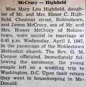 Marriage Notice for James McCRORY to Mary Lou Highfield, 2 Apr 1947
