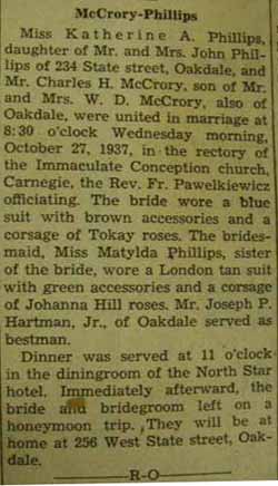 Marriage Notice for Charles H. McCRORY to Katherine A. Phillips, 27 Oct 1937
