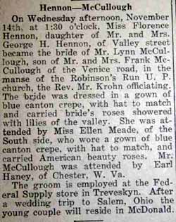 Marriage Notice for Mr. Lynn McCULLOUGH to Florence Hennon, 14 Nov 1923