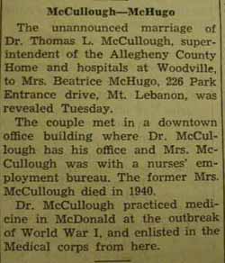 Marriage Notice for Thomas L. McCULLOUGH to Mrs. Beatrice McHugo, no date, in 2 May 1941 paper
