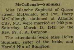 Marriage Notice for Harry McCULLOUGH to Blanche Supinski, 13 Mar 1943