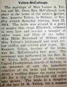 Part 1 Marriage Notice for Oren Rex McCULLOUGH to Louise A. Yolton, 21 Jun 1924
