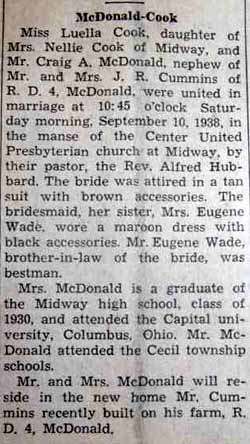 Marriage Notice for Craig A. McDONALD to Luella Cook, 10 Sep 1938