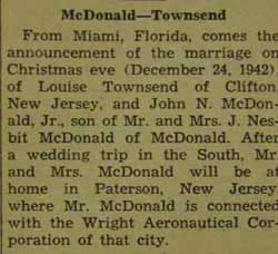 Marriage Notice for John N. McDONALD, Jr. to Louise Townsend, 24 Dec 1942