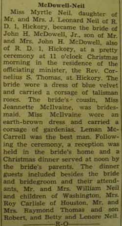 Marriage Notice for John H. McDOWELL, Jr. to Myrtle Neil, 25 Dec 1937