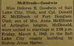 Marriage Notice for Donald K. McELFRESH to Dolores E. Goodwin, 5 Mar 1943