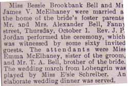Marriage Notice for James V. McELHANEY to Bessie Brookbank Bell, 1 Oct 1908
