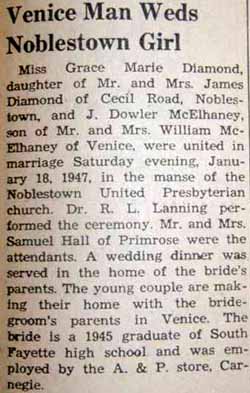 Marriage Notice for J. Dowler McELHANEY to Grace Marie Diamond, 18 Jan 1947