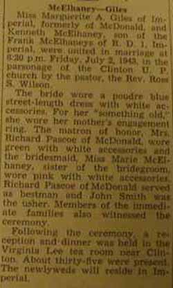 Marriage Notice for Kenneth McELHANEY to Marguerite A. Giles, 2 Jul 1943