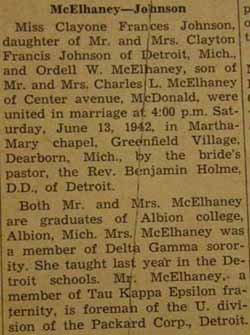 Marriage Notice for Ordell W. McELHANEY to Clayone Frances Johnson, 13 Jun 1947